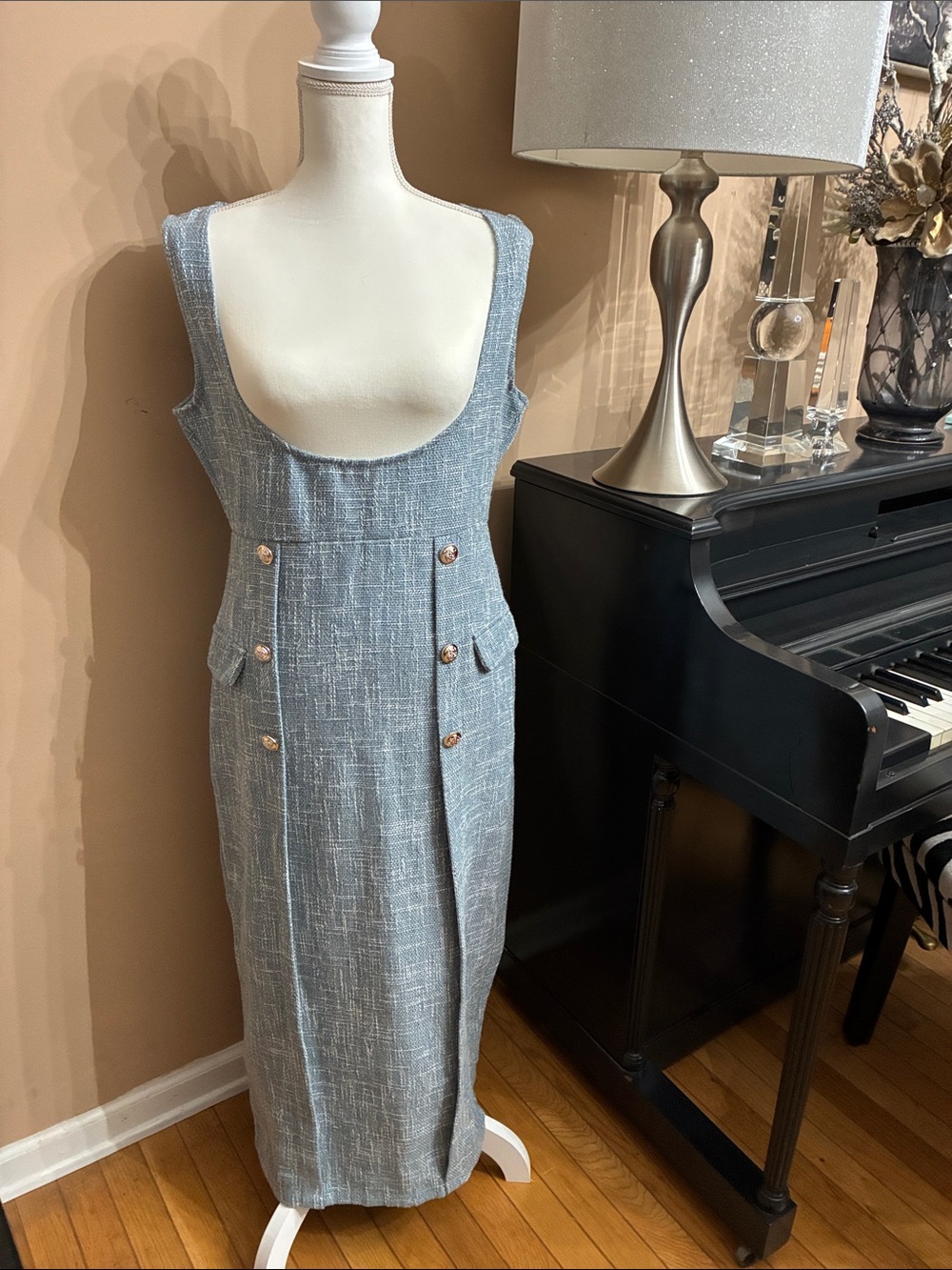 SHEIN Light Blue Textured Sleeveless Midi Dress with Gold Buttons